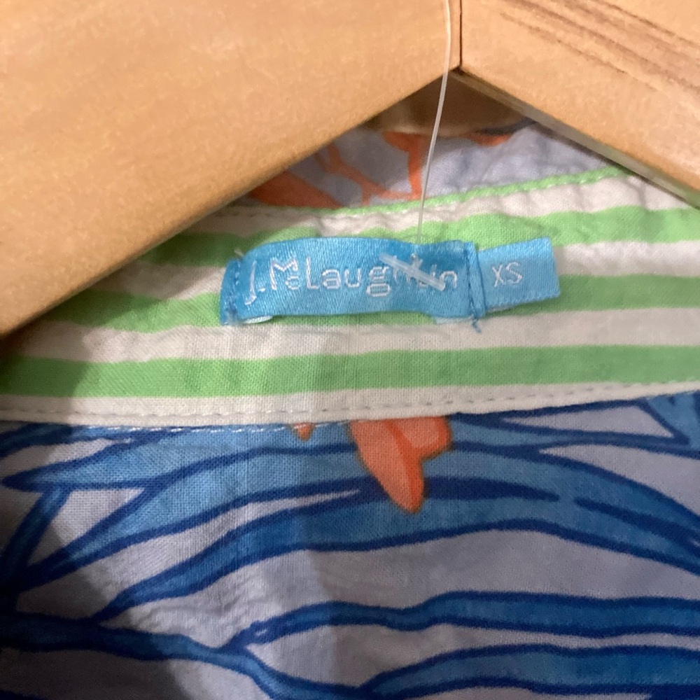 J. McLaughlin Tropical Print Button-Down Shirt in Blue & Orange Resort Luxury - Picture 9 of 16